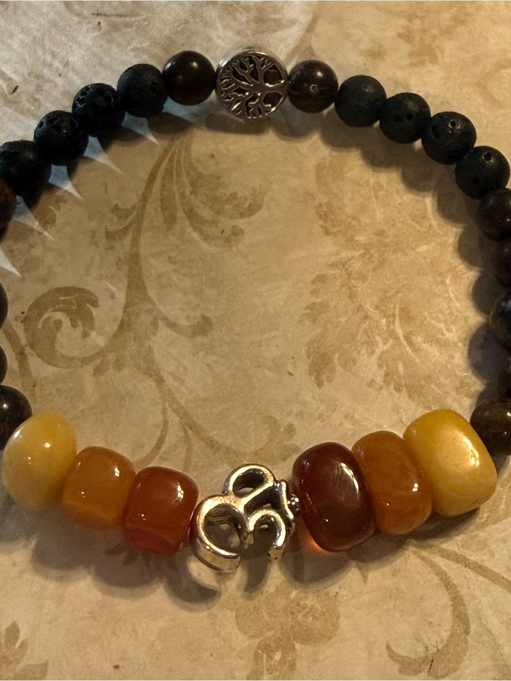 Handmade Om Stretch Bead Bracelet in Yellow and Brown
